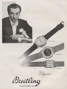 Un annuncio dal 1947 mostra Csar Romero, una star di Hollywood sotto contratto con la 20th Century Fox, con un Chronomat e altri due Breitling.