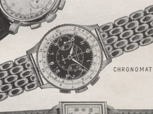 Dettaglio della pubblicità del '47. Le lancette di ore e minuti di questa forma sono tra le più rare. 