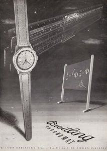 Pubblicità che mostra un Chronomat ref 769 del 48 e un regolo-calcolatore